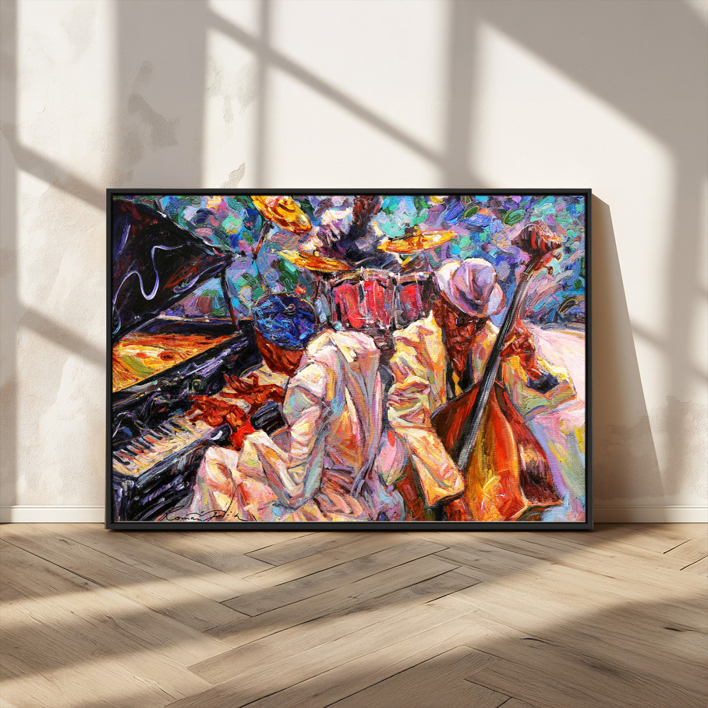 13675-MGV-CV-36X24-Jazz Band Wall Art Canvas Print, Framed Jazz Oil Painting Art Picture Print, Vibrant Music Perfect Abstract Musical Decor Artwork