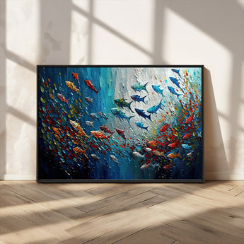 89626-MGV-CV-36X24-Fish Swarm Wall Art Canvas Print, Framed Abstract Ocean Art Picture Print, Underwater Life Perfect Vibrant Coastal Decor Artwork