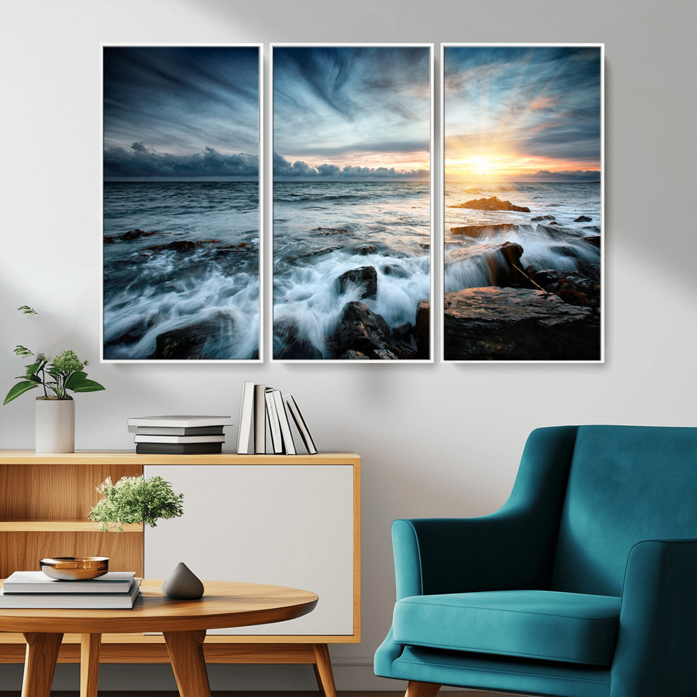 33428-MGV-FC-48X32-3P_White-Ocean Sunrise Wall Art – Serene Seascape Canvas Print, Coastal Home or Office Decor, Perfect for Living Room, Bedroom, or Study