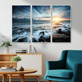 33428-MGV-FC-48X32-3P_White-Ocean Sunrise Wall Art – Serene Seascape Canvas Print, Coastal Home or Office Decor, Perfect for Living Room, Bedroom, or Study