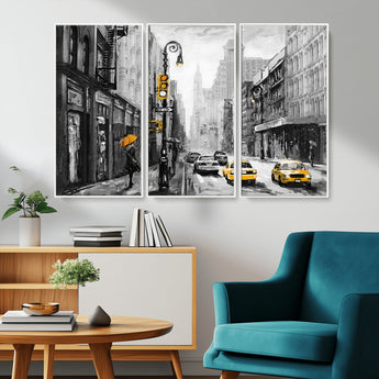 32362-MGV-CV-36X24-NYC Street Wall Art – Black and White Cityscape with Yellow Taxis and Umbrella Canvas Print, Urban Home Decor for Living Room or