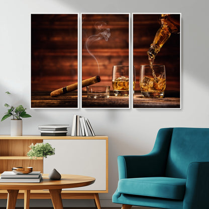 91042-MGV-CV-36X24-Whiskey & Cigar Wall Art – Elegant Whiskey Pour and Smoldering Cigar Canvas Print, Sophisticated Bar or Lounge Decor for Home,