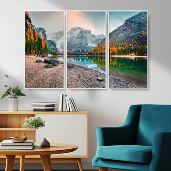 25982-MGV-CV-36X24-Autumn Mountain Lake Wall Art – Panoramic Fall Foliage and Snowy Peaks Canvas Print, Scenic Nature Decor for Living Room or Office