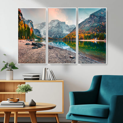 25982-MGV-CV-36X24-Autumn Mountain Lake Wall Art – Panoramic Fall Foliage and Snowy Peaks Canvas Print, Scenic Nature Decor for Living Room or Office