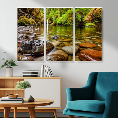 98096-MGV-CV-36X24-Serene River Waterfall Nature Photo – Calm Clear Water, Vibrant Green Forest and Smooth Stones Landscape Wall Art for Home or