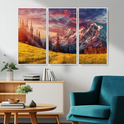 83947-MGV-CV-36X24-Sunset Mountain Landscape Wall Art – Panoramic Alpine Meadow and Snow Capped Peaks Canvas Print, Nature Scenic Decor for Home,