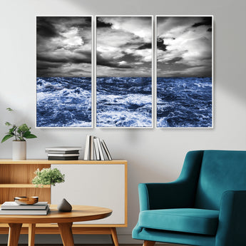 36012-MGV-CV-36X24-Dramatic Stormy Ocean Waves Black and White with Deep Blue Highlights – Moody Seascape Wall Art, Nature Photography Print for Home