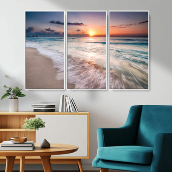 71849-MGV-FC-48X32-3P_White-Sunrise Ocean Beach Wall Art – Serene Seascape Canvas Print with Gentle Waves, Coastal Nature Decor for Bedroom, Living Room or