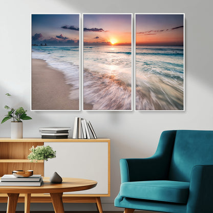 71849-MGV-FC-48X32-3P_White-Sunrise Ocean Beach Wall Art – Serene Seascape Canvas Print with Gentle Waves, Coastal Nature Decor for Bedroom, Living Room or