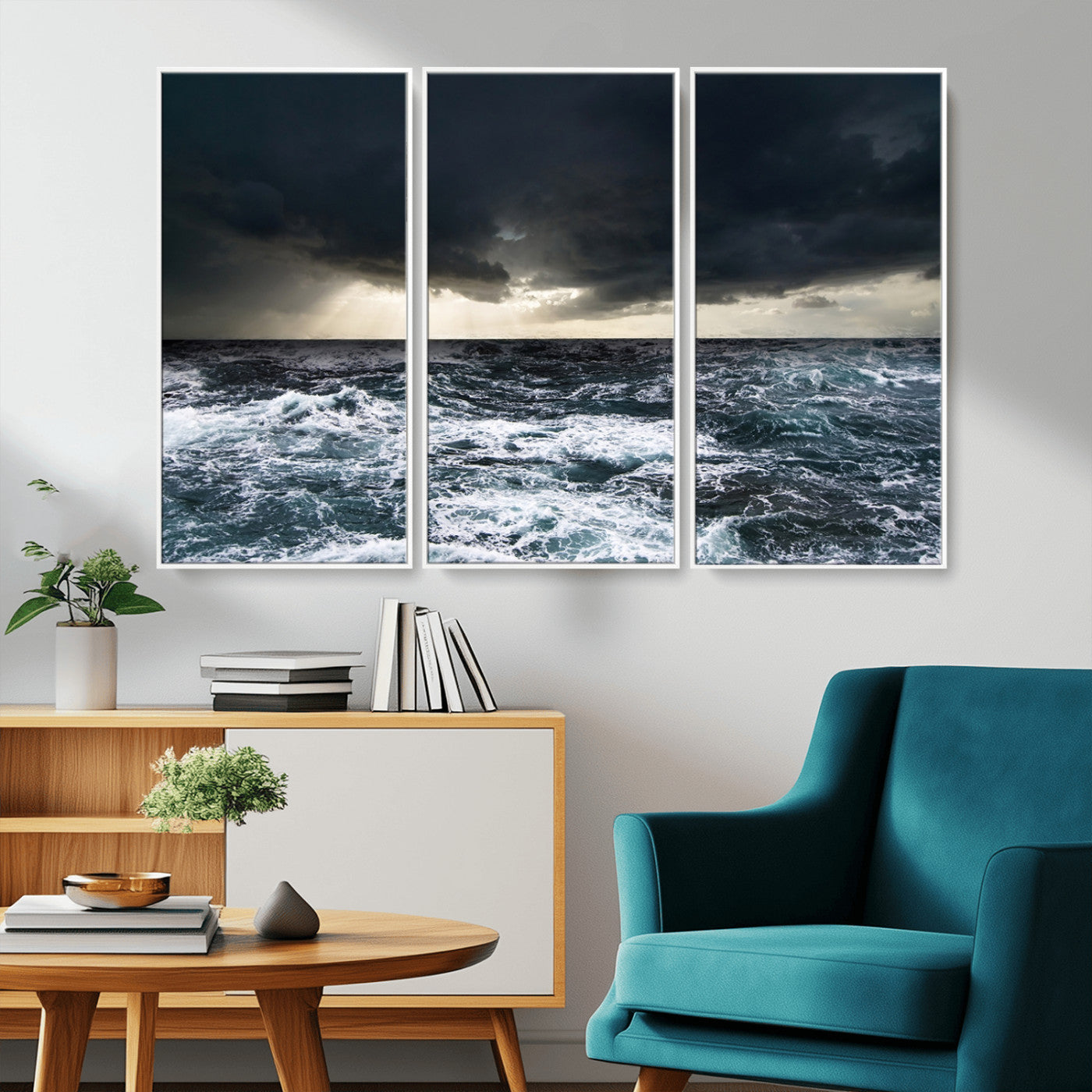 42607-MGV-CV-36X24-Stormy Ocean Wall Art – Dramatic Sea and Sky Canvas Print with Sun Rays, Moody Nature Decor for Living Room, Office, Bedroom or