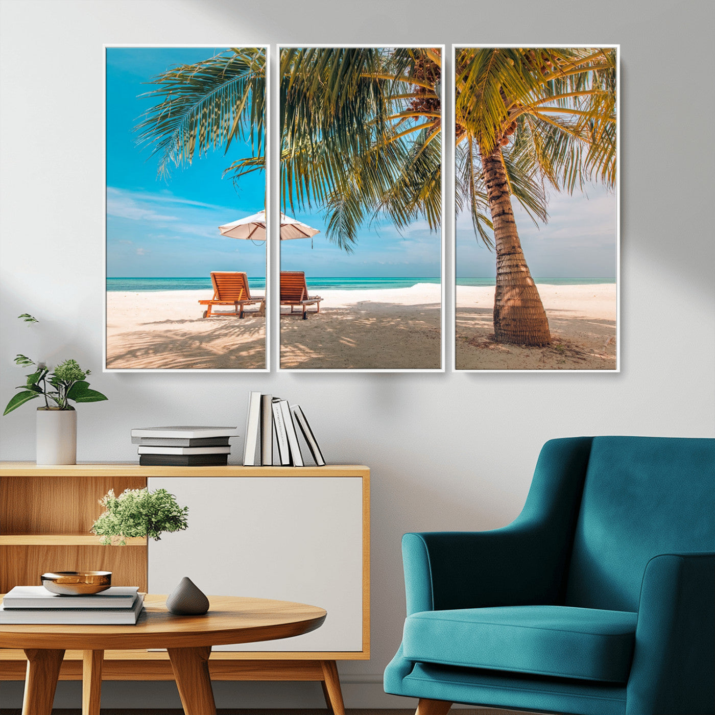 69754-MGV-CV-36X24-Tropical Beach Wall Art – Relaxing Palm Tree and Lounge Chairs Canvas Print, Serene Coastal Decor for Living Room, Bedroom, Office