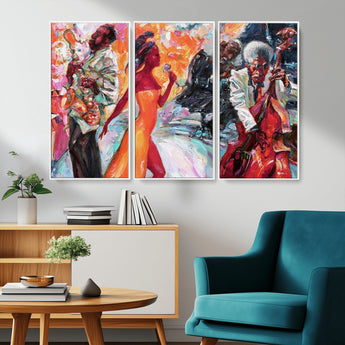 24452-MGV-CV-36X24-Vibrant Jazz Musician Painting - Expressive Art Print of Live Jazz Band, Perfect Wall Decor for Music Lovers and Art Enthusiasts