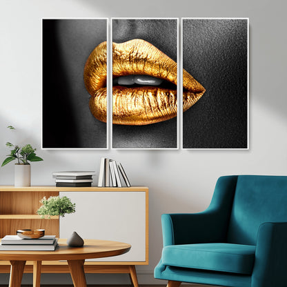 84747-MGV-CV-36X24-Golden Lips Black & White Portrait – Glamorous Metallic Lip Art Print, Modern Wall Decor for Bedroom, Beauty & Fashion Lover Gift
