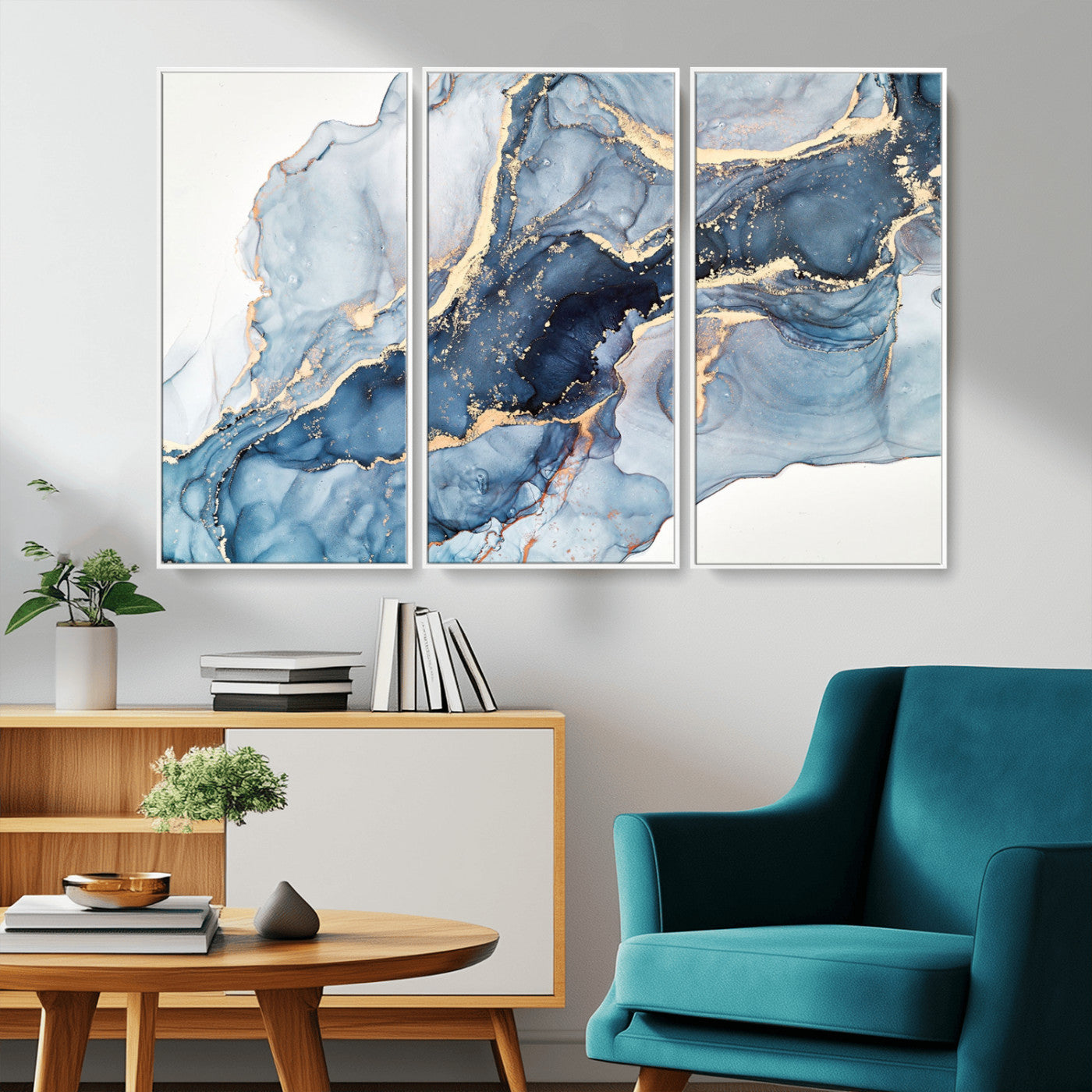 33782-MGV-CV-36X24-Abstract Marble Wall Art – Blue & Gold Fluid Painting Canvas Print, Modern Home Decor for Living Room, Bedroom or Office