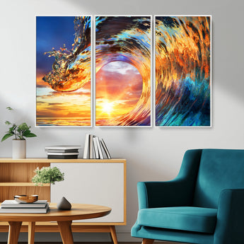 52890-MGV-FC-48X32-3P_White-Surfing Wave Wall Art Canvas Print, Framed Sunset Ocean Art Picture Print, Ocean Wave Perfect Nautical Decor Artwork