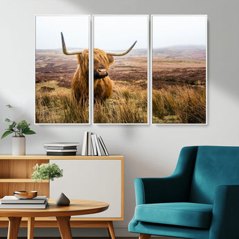 79391-MGV-CV-36X24-Majestic Highland Cow in Misty Scottish Moorland – Rustic Natural Charm, Perfect for Unique Home or Office Decor