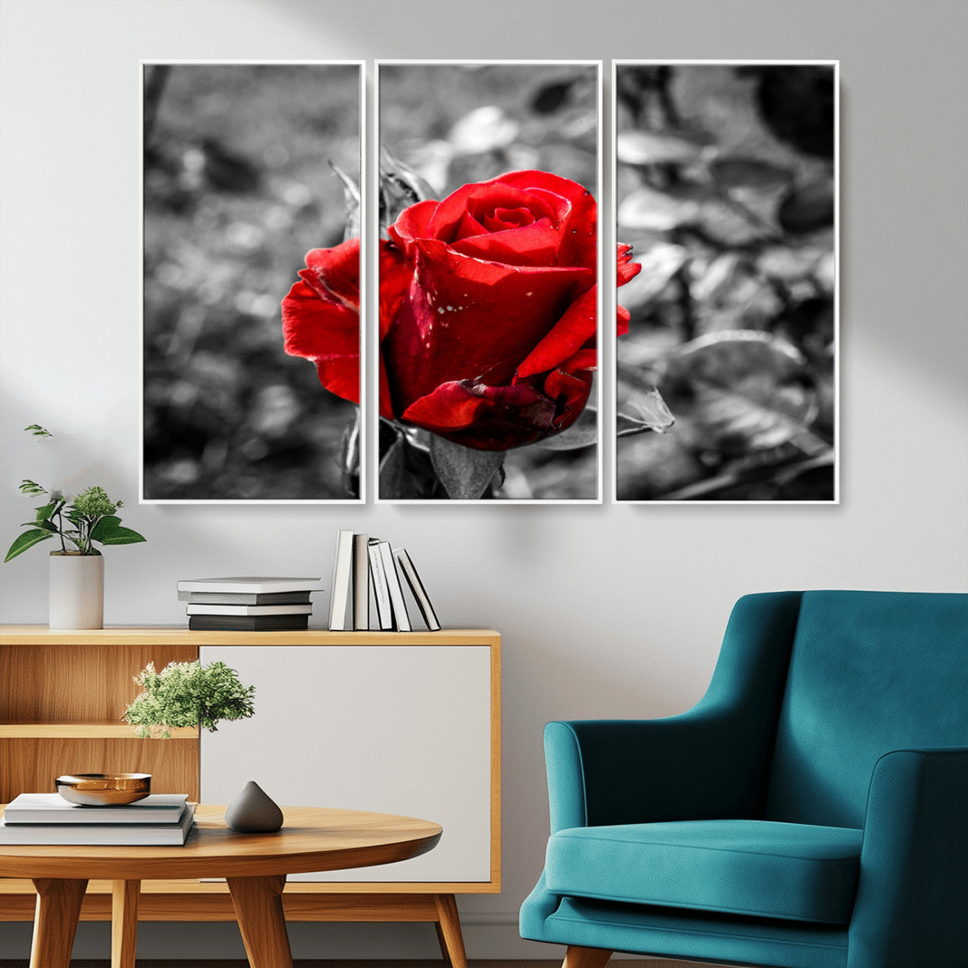 84671-MGV-CV-36X24-Red Rose Wall Art – Vibrant Single Bloom Canvas Print with Black and White Background, Elegant Floral Decor for Living Room,