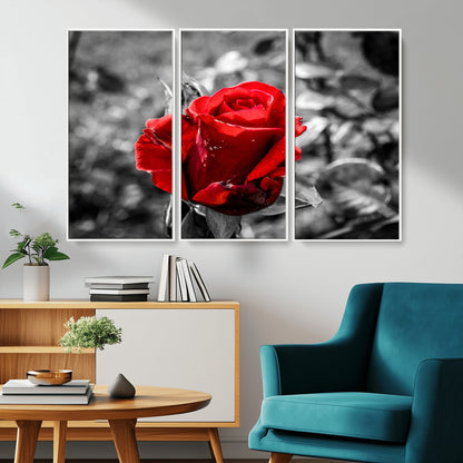 84671-MGV-CV-36X24-Red Rose Wall Art – Vibrant Single Bloom Canvas Print with Black and White Background, Elegant Floral Decor for Living Room,