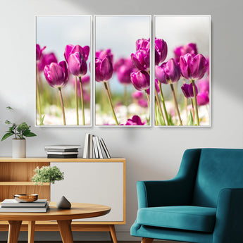 30632-MGV-CV-36X24-Purple Tulip Field Wall Art – Beautiful Spring Flowers Canvas Print with Soft Focus and Bright Sky, Ideal Floral Decor for Home or