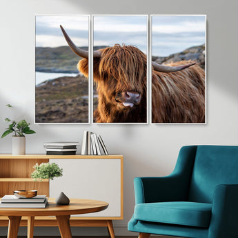 71222-MGV-CV-36X24-A playful Highland cow with shaggy fur sticks out its tongue, set against a rugged landscape — perfect for quirky home or office