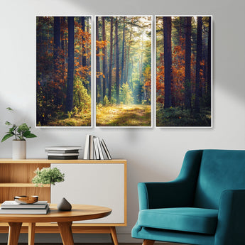 86249-MGV-CV-36X24-Sunlit Autumn Forest Path Wall Art – Peaceful Nature Scene with Fall Foliage, Calming Woods Decor for Home or Office