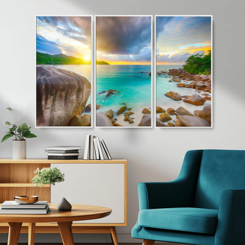 23769-MGV-CV-36X24-Tropical Beach Sunset Wall Art – Ocean Waves and Rocky Shore Canvas Print, Coastal Seascape Photography Decor