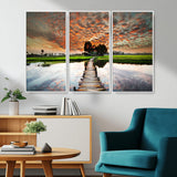 29105-MGV-CV-36X24-Rustic Wooden Bridge Wall Art – Scenic Sunset Over Rice Fields and Reflective Water Canvas Print, Nature Landscape Decor for