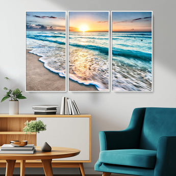 27815-MGV-CV-36X24-Ocean Sunrise Beach Wall Art – Serene Coastal Canvas Print with Waves and Golden Morning Light, Relaxing Seascape Decor for
