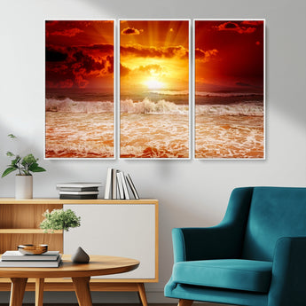 60211-MGV-CV-36X24-Fiery Sunset Ocean Wall Art – Red Sky Seascape Canvas Print with Waves, Bold Coastal Sunset Decor for Living Room or Bedroom
