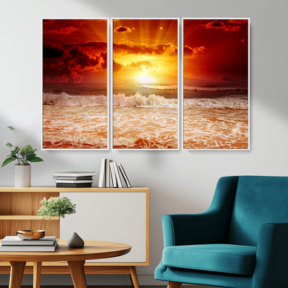 60211-MGV-CV-36X24-Fiery Sunset Ocean Wall Art – Red Sky Seascape Canvas Print with Waves, Bold Coastal Sunset Decor for Living Room or Bedroom