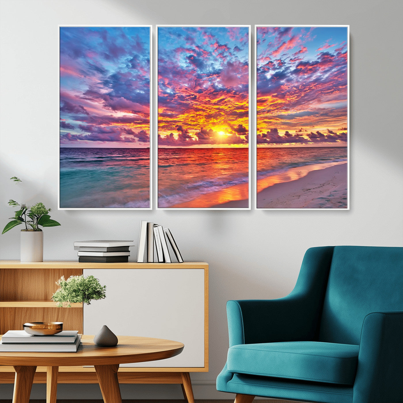72836-MGV-CV-36X24-Fiery Sunset Beach Wall Art – Panoramic Vibrant Ocean Canvas Print, Dramatic Coastal Decor for Living Room, Bedroom or Office