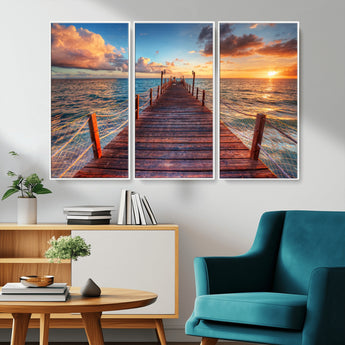 28836-MGV-CV-36X24-Ocean Pier Sunset Wall Art – Wooden Dock and Golden Horizon Canvas Print, Coastal Seascape Photography for Living Room, Bedroom,