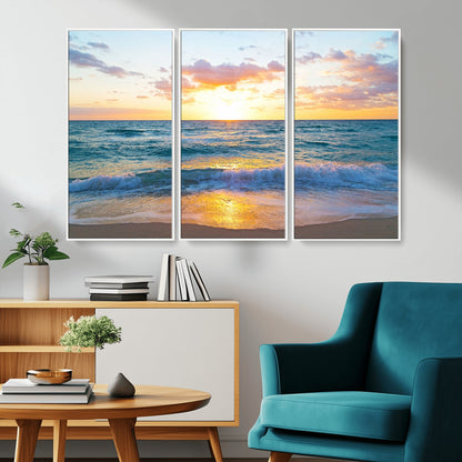 78006-MGV-CV-36X24-Golden Sunrise Ocean Wall Art – Panoramic Beach Waves Canvas Print, Coastal Seascape Artwork for Living Room, Bedroom, Office, or