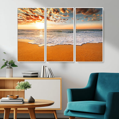 15399-MGV-CV-36X24-Golden Sunrise Beach Wall Art – Ocean Waves on Sandy Shore Canvas Print, Coastal Seascape Decor for Living Room or Bedroom
