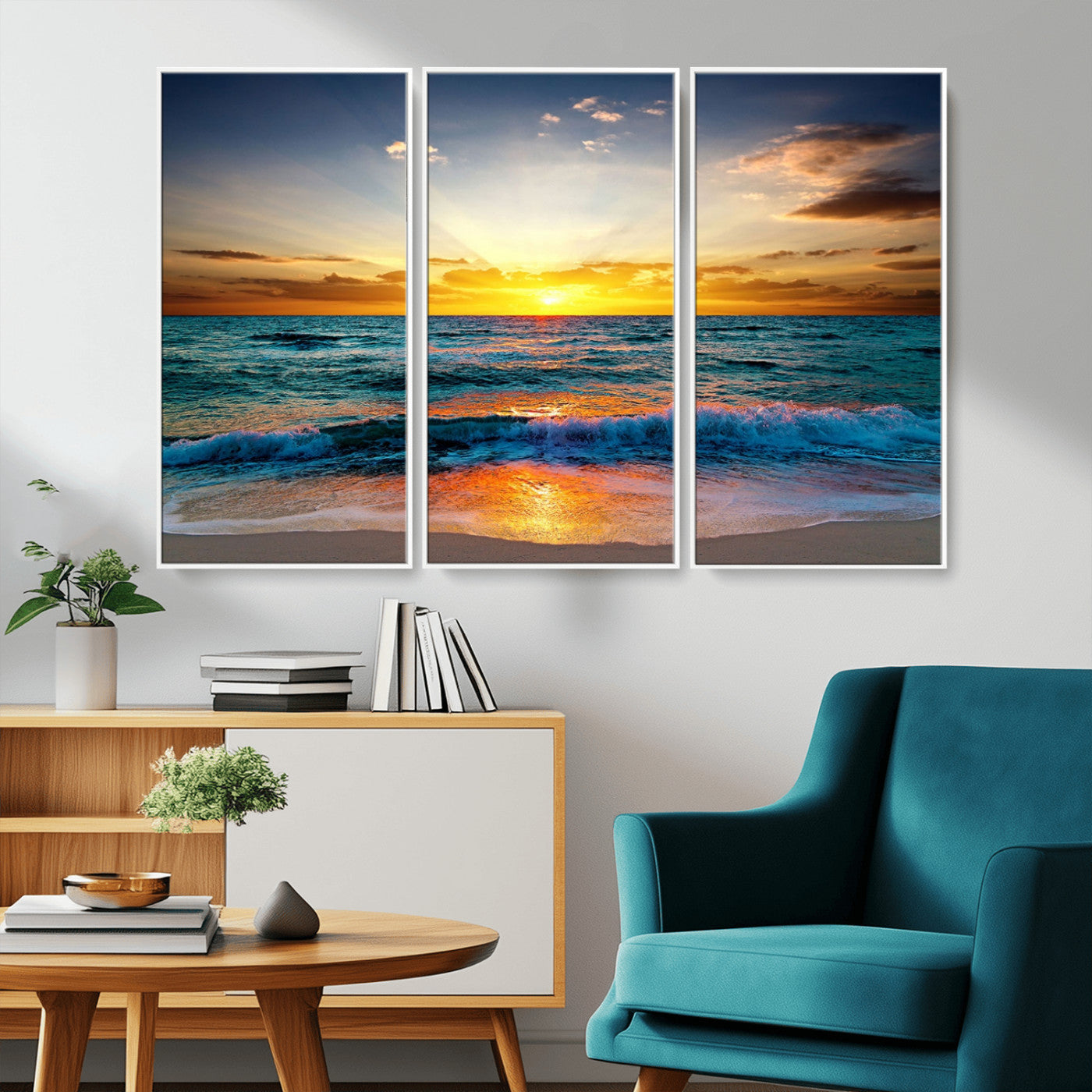 50627-MGV-CV-36X24-Ocean Sunset Wall Art – Serene Beach Canvas Print with Waves and Golden Sky, Coastal Decor for Living Room or Office