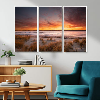 90176-MGV-CV-36X24-Beach Sunset Wall Art – Coastal Sand Dune Canvas Print with Ocean Waves and Dramatic Sky, Seaside Landscape Decor for Living Room
