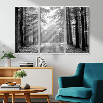 39665-MGV-CV-36X24-Black and White Forest Path Wall Art – Sunlight Rays in Trees Canvas Print, Nature Landscape Decor for Living Room or Office