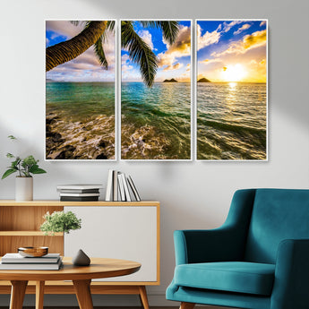 68606-MGV-CV-36X24-Tropical Palm Tree Ocean Wall Art – Sunset Beach Seascape Print, Coastal Paradise Decor for Living Room or Office