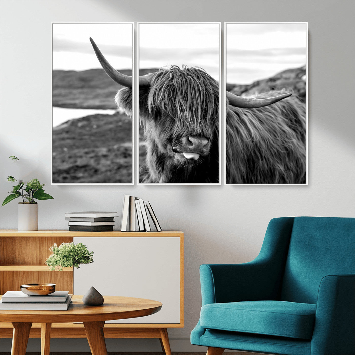 83810-MGV-CV-36X24-Highland Cow Wall Art – Black and White Highland Cattle Print, Rustic Farmhouse Animal Decor for Living Room