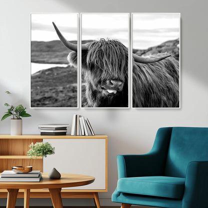 83810-MGV-CV-36X24-Highland Cow Wall Art – Black and White Highland Cattle Print, Rustic Farmhouse Animal Decor for Living Room