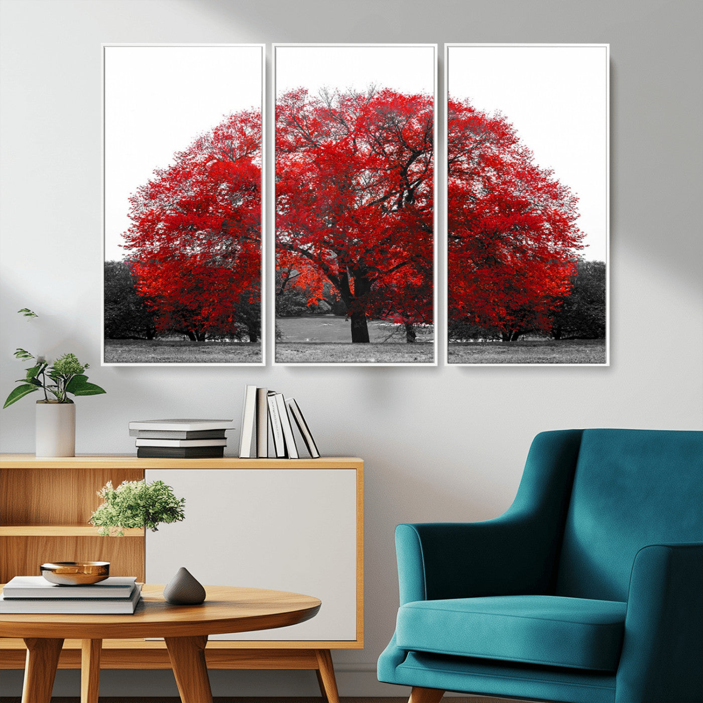 80021-MGV-CV-36X24-Red Tree Wall Art – Striking Black and White Landscape Canvas Print with Vibrant Red Leaves, Modern Nature Decor for Living Room