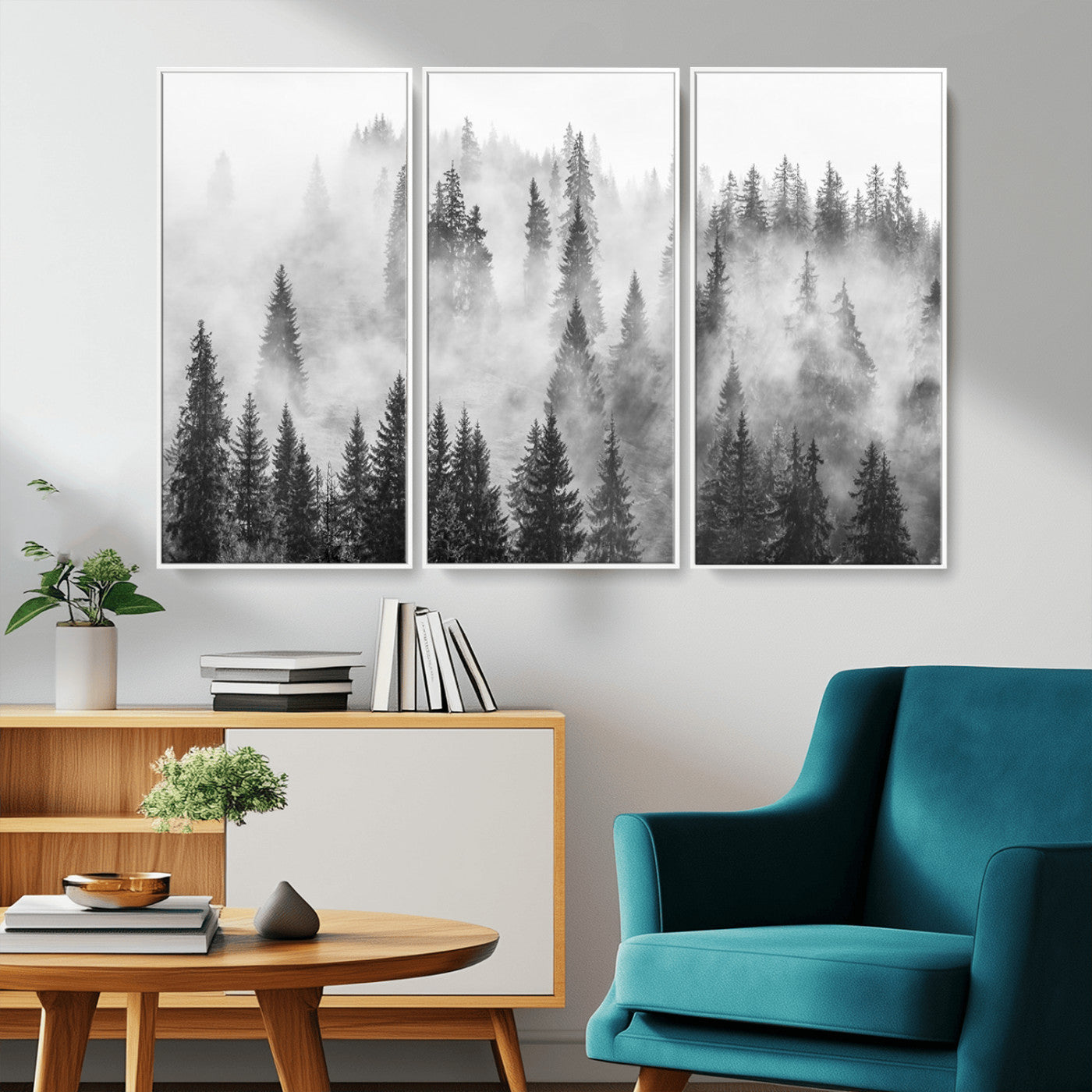 10422-MGV-CV-36X24-Misty Pine Forest Wall Art – Black and White Foggy Landscape Canvas Print, Serene Nature Woodland Decor for Bedroom, Office or