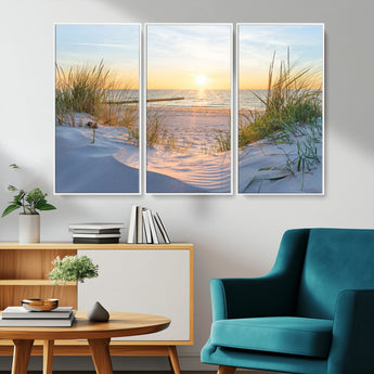 48907-MGV-CV-36X24-Beach Sunset Wall Art – Coastal Sand Dunes and Ocean View Canvas Print, Serene Seaside Landscape Painting for Living Room, Bedroom