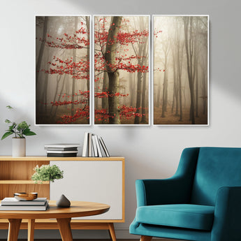 61855-MGV-CV-36X24-Misty Forest Wall Art – Red Tree with Autumn Leaves Canvas Print, Moody Woodland Nature Decor for Living Room, Bedroom, or Office