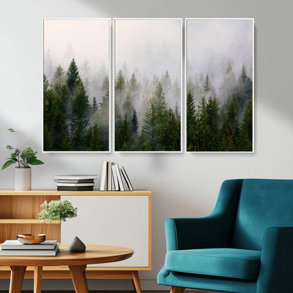 11436-MGV-CV-36X24-Misty Forest Wall Art – Tranquil Evergreen Tree Canvas Print with Foggy Landscape, Nature Inspired Artwork for Bedroom, Living