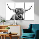 10123-MGV-CV-36X24-Black and White Highland Cow Wall Art – Modern Farmhouse Animal Print, Rustic Scottish Bull Canvas Decor for Living Room, Bedroom,