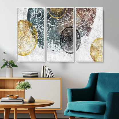70653-MGV-FC-48X32-3P_White-Abstract Tree Ring Wall Art – Modern Rustic Wood Slice Canvas Print with Gold Accents, Contemporary Nature Decor for Living Room,