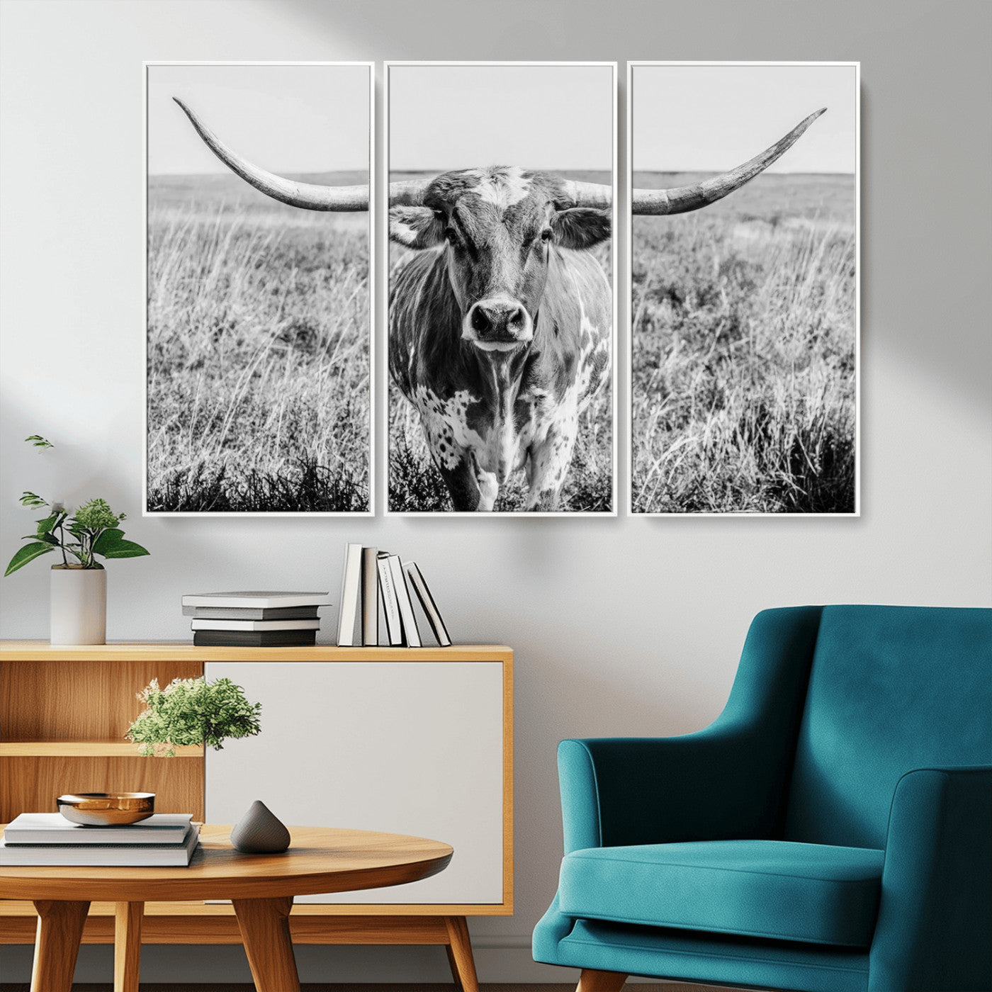 77320-MGV-CV-36X24-Texas Longhorn Wall Art – Black and White Western Cattle Canvas Print, Rustic Farmhouse Animal Photography Decor for Living Room,