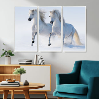 80145-MGV-CV-36X24-White Horses Running Snow Wall Art – Majestic Equine Canvas Print, Winter Nature Photography Decor for Living Room, Office,