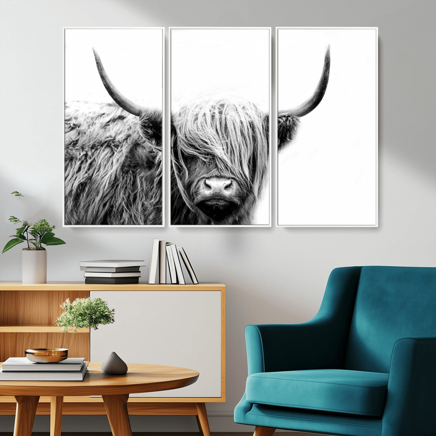 51957-MGV-CV-36X24-Highland Cow Wall Art – Black and White Scottish Highland Bull Canvas Print, Rustic Farmhouse Animal Decor for Living Room,